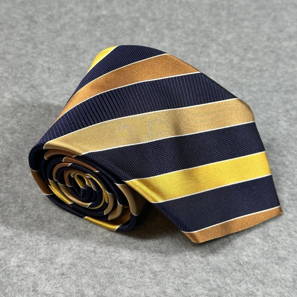 Paul Fredrick Repp Stripe Italian Silk Tie Navy Gold Tan Wide USA 58x3.5in